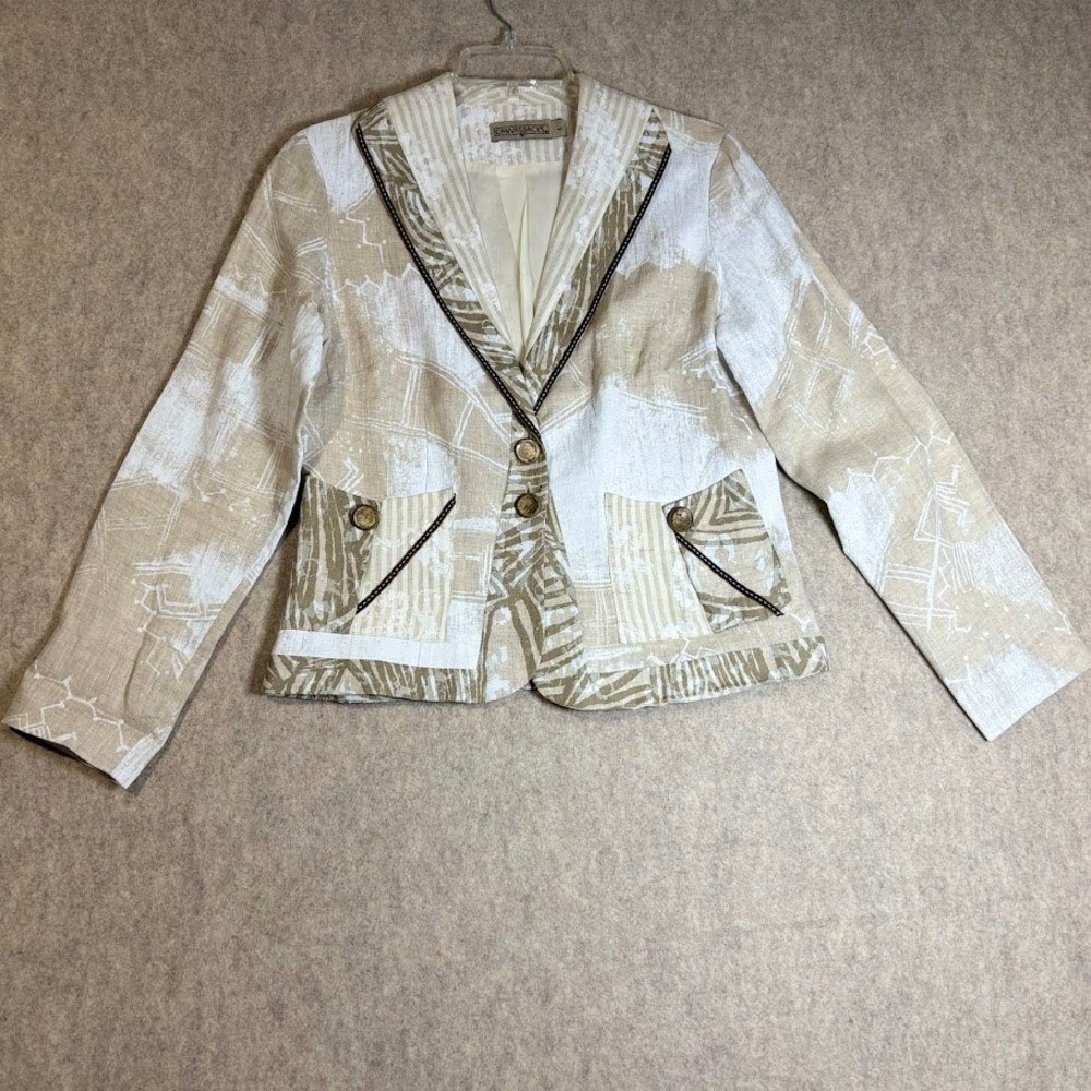 Canvasbacks Blazer Womens 4 Beige Linen Abstract Art Jacket‎ Boho Chic Designer